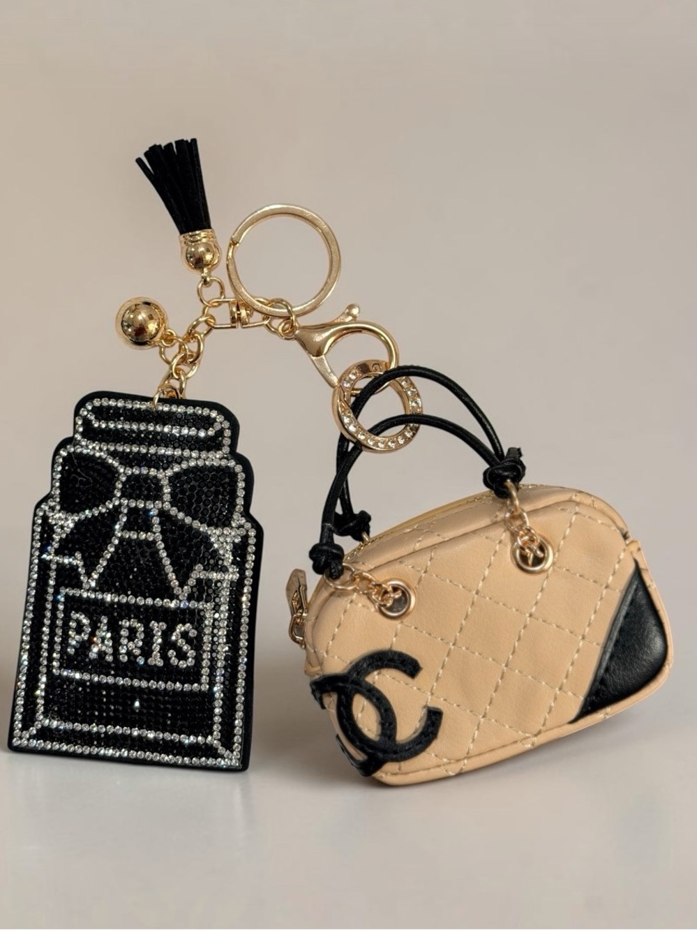 Mini Bag Keychain - Beige Quilted with Puffy Rhinestone Perfume Black Keychain